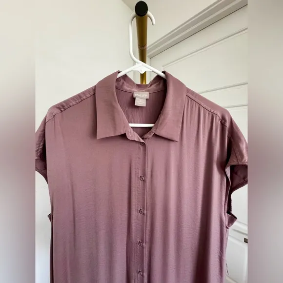 Minimalist Coastal Elegant CHICO'S Mauve Button Down Flowy Shirt Dress Size 2 XL