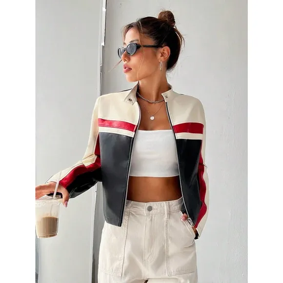 Minimalist Colorblock Zip Up Cropped vegan leather moto Jacket motorcycle