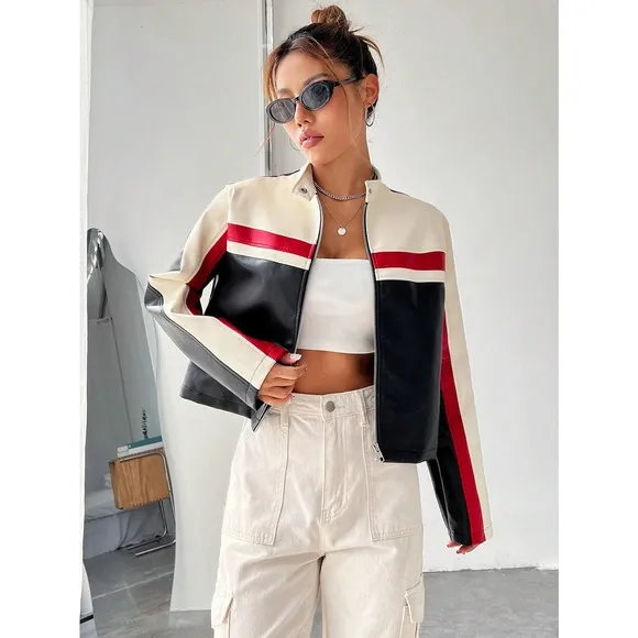 Minimalist Colorblock Zip Up Cropped vegan leather moto Jacket motorcycle