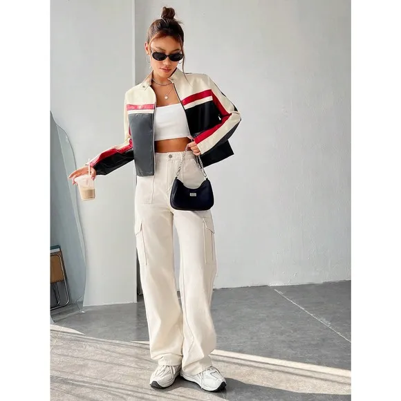 Minimalist Colorblock Zip Up Cropped vegan leather moto Jacket motorcycle