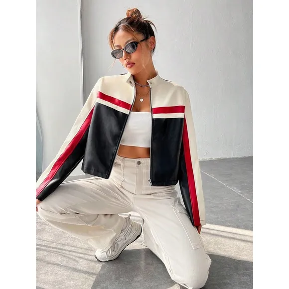 Minimalist Colorblock Zip Up Cropped vegan leather moto Jacket motorcycle