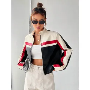 Minimalist Colorblock Zip Up Cropped vegan leather moto Jacket motorcycle