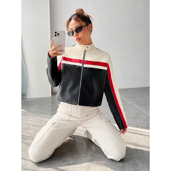 Minimalist Colorblock Zip Up Cropped vegan leather moto Jacket motorcycle
