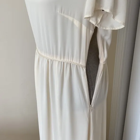 Minimalist Crewneck Short Sleeve Chiffon Cream Maxi Dress Cream Color Large