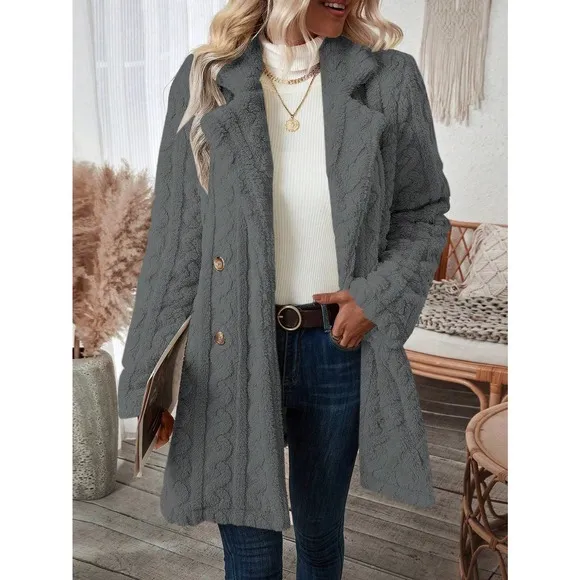 minimalist Double Breasted Lapel collar ribbed knit teddy Coat