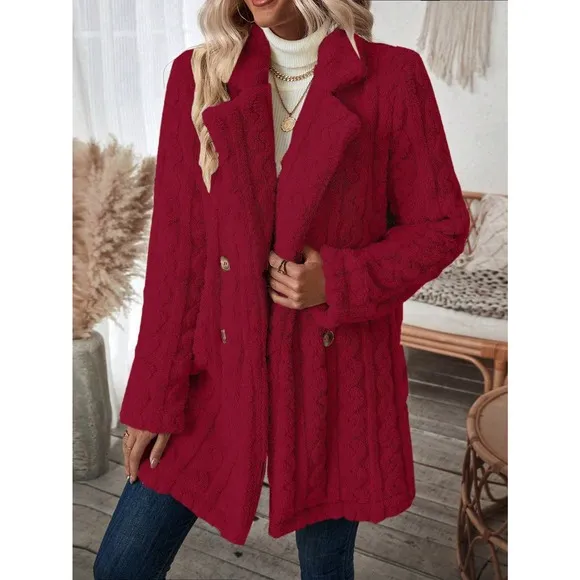 minimalist Double Breasted Lapel collar ribbed knit teddy Coat