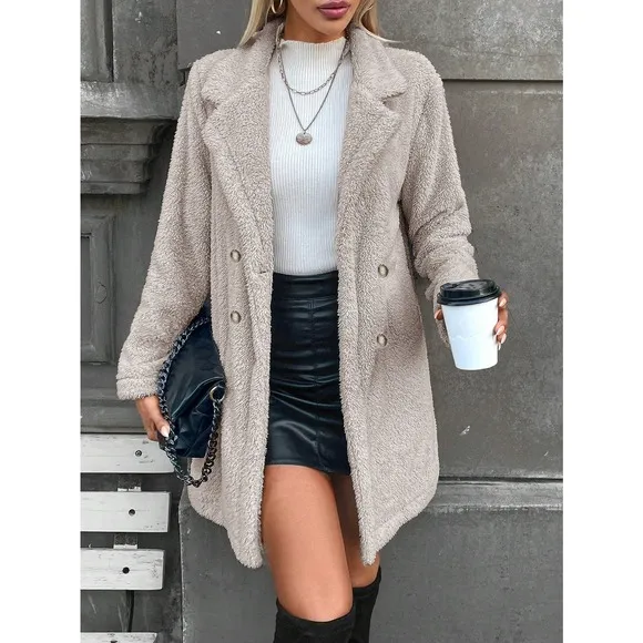 minimalist Double Breasted Lapel collar ribbed knit teddy Coat