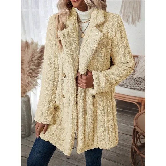 minimalist Double Breasted Lapel collar ribbed knit teddy Coat