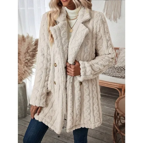 minimalist Double Breasted Lapel collar ribbed knit teddy Coat