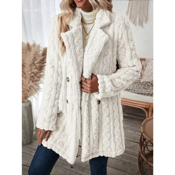 minimalist Double Breasted Lapel collar ribbed knit teddy Coat