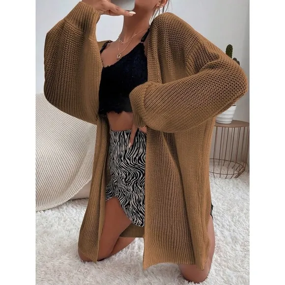 Minimalist Drop Shoulder Open Front Ribbed Knit Duster Cardigan sweater