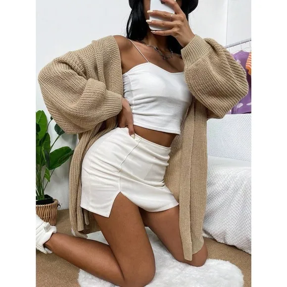 Minimalist Drop Shoulder Open Front Ribbed Knit Duster Cardigan sweater