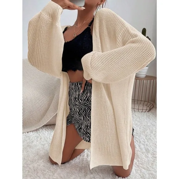 Minimalist Drop Shoulder Open Front Ribbed Knit Duster Cardigan sweater