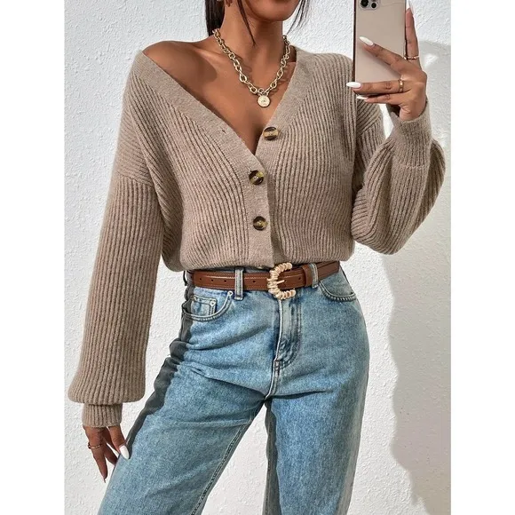 Minimalist Drop Shoulder Ribbed Knit Cardigan sweater