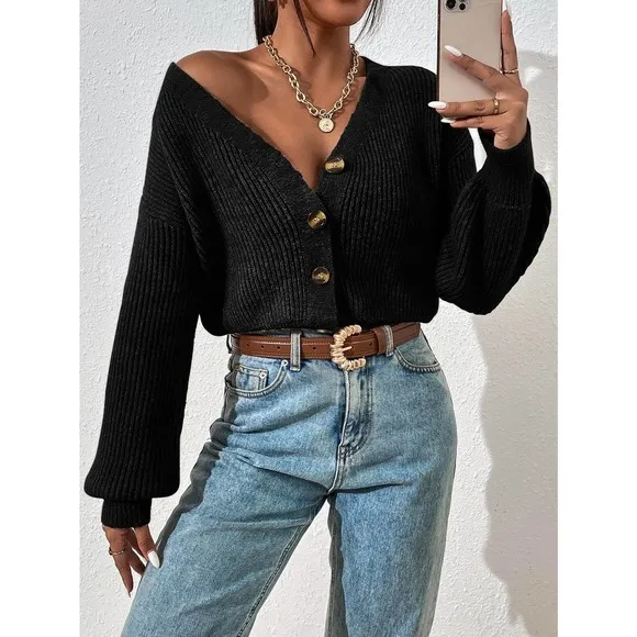 Minimalist Drop Shoulder Ribbed Knit Cardigan sweater