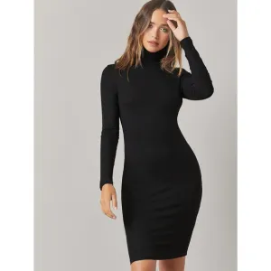 Minimalist High Neck Bodycon long sleeve midi Dress black