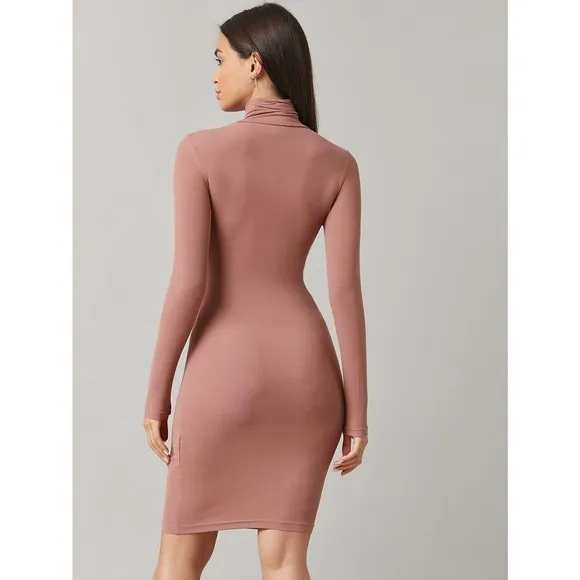 Minimalist High Neck Bodycon long sleeve midi Dress black
