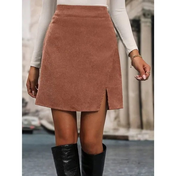Minimalist High Waist Split Hem Corduroy mini Skirt rust orange