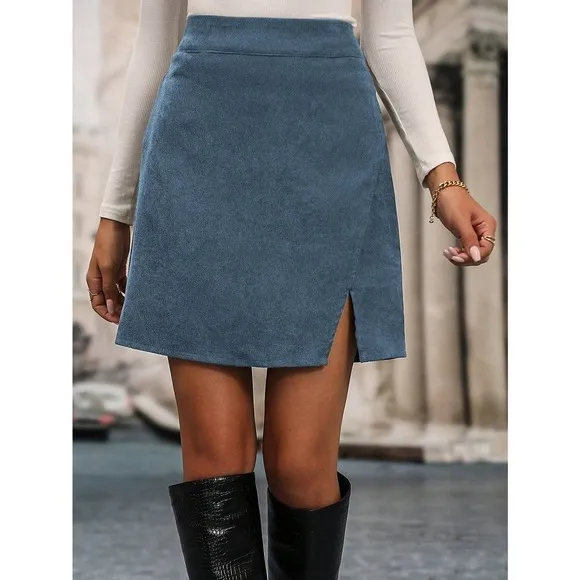 Minimalist High Waist Split Hem Corduroy mini Skirt rust orange
