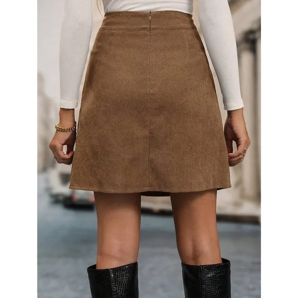 Minimalist High Waist Split Hem Corduroy mini Skirt rust orange