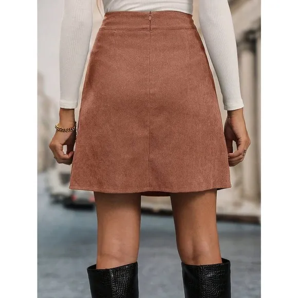 Minimalist High Waist Split Hem Corduroy mini Skirt rust orange