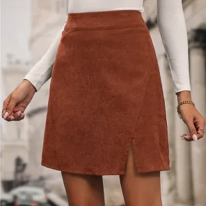 Minimalist High Waist Split Hem Corduroy mini Skirt rust orange