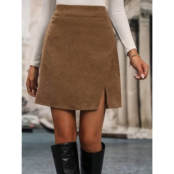 Minimalist High Waist Split Hem Corduroy mini Skirt rust orange