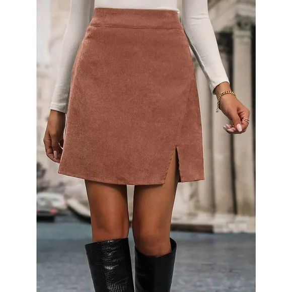 Minimalist High Waist Split Hem Corduroy mini Skirt