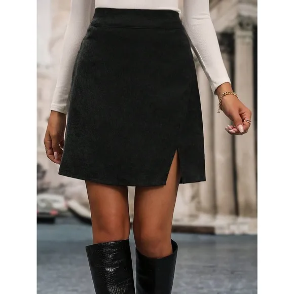 Minimalist High Waist Split Hem Corduroy mini Skirt