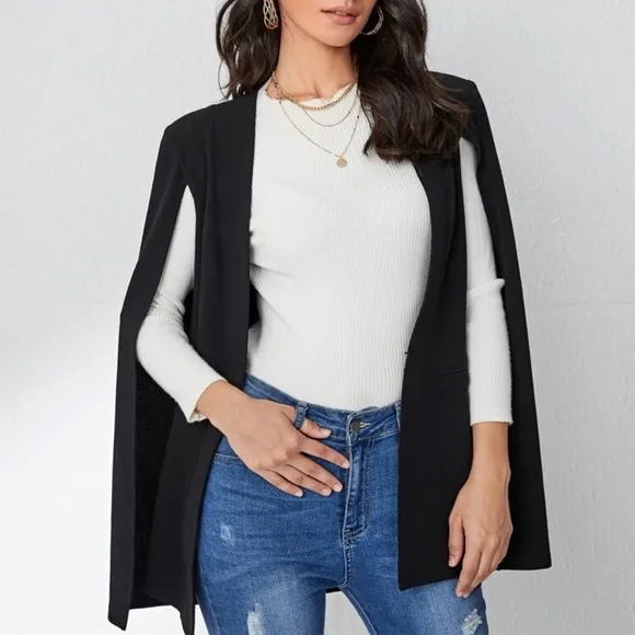 Minimalist neutral blazer cape slit cloak sleeve jacket white