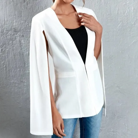 Minimalist neutral blazer cape slit cloak sleeve jacket white