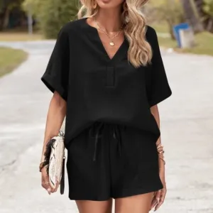 Minimalist Notched Neck Short Sleeve Top Shorts Set