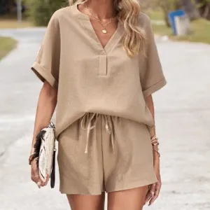 Minimalist Notched Neck Short Sleeve Top Shorts Set