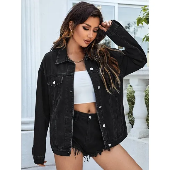 minimalist oversized Flap Pocket Denim Jacket black