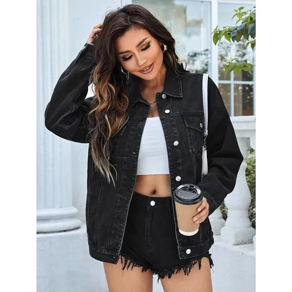 minimalist oversized Flap Pocket Denim Jacket black