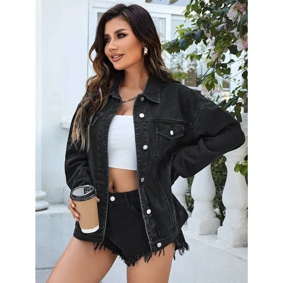 minimalist oversized Flap Pocket Denim Jacket black