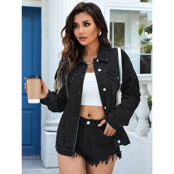 minimalist oversized Flap Pocket Denim Jacket black