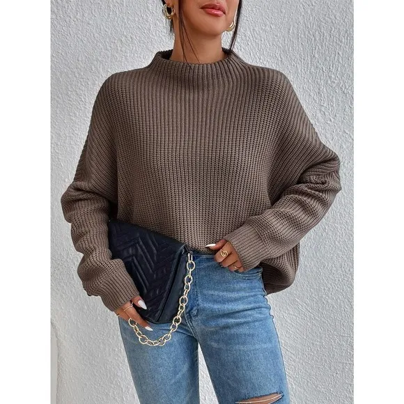 minimalist oversized Mock Neck Ribbed Knit Batwing Sleeve Sweater brown