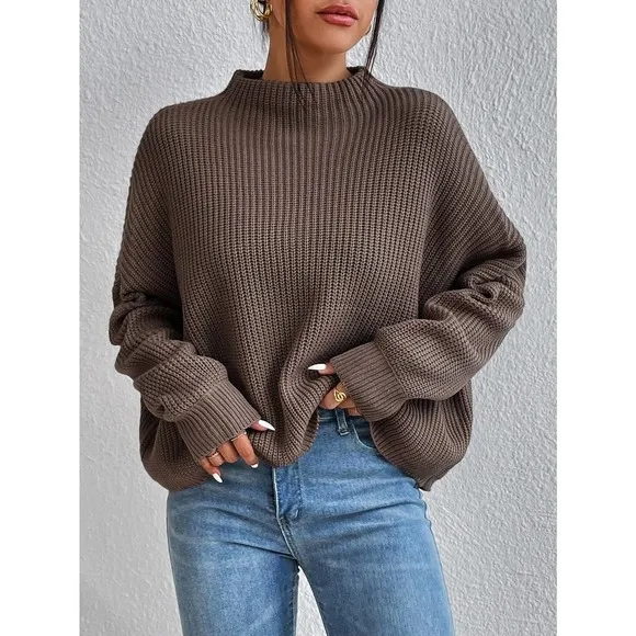 minimalist oversized Mock Neck Ribbed Knit Batwing Sleeve Sweater brown