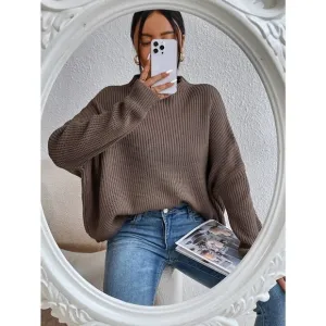 minimalist oversized Mock Neck Ribbed Knit Batwing Sleeve Sweater brown