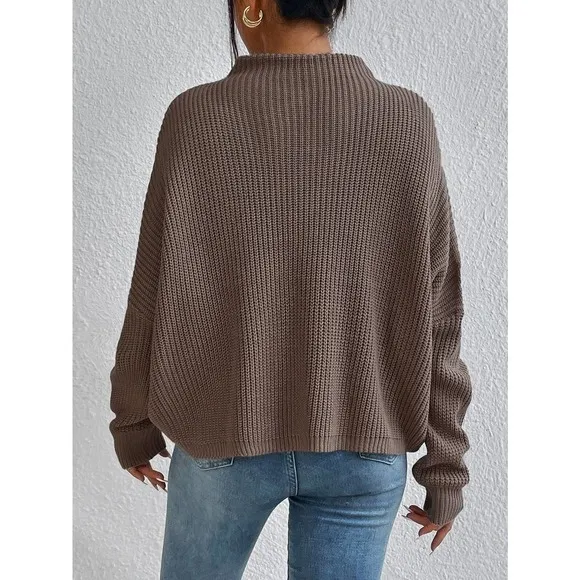 minimalist oversized Mock Neck Ribbed Knit Batwing Sleeve Sweater brown