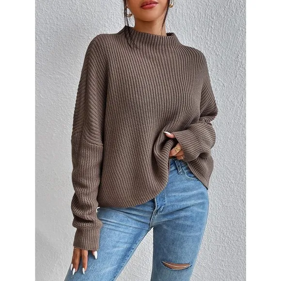 minimalist oversized Mock Neck Ribbed Knit Batwing Sleeve Sweater brown