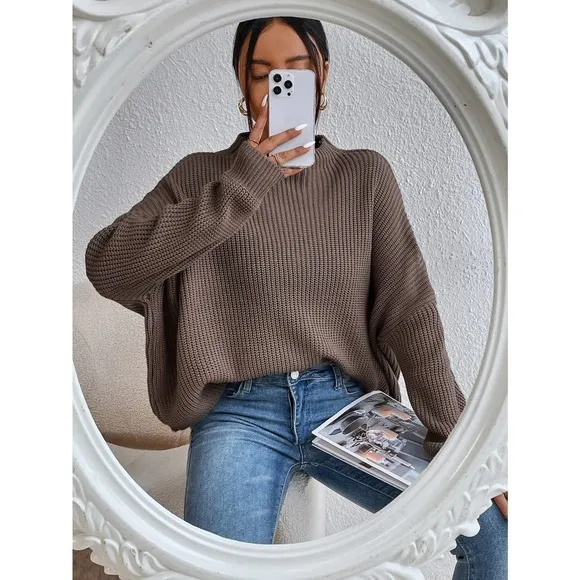 minimalist oversized Mock Neck Ribbed Knit Batwing Sleeve Sweater brown