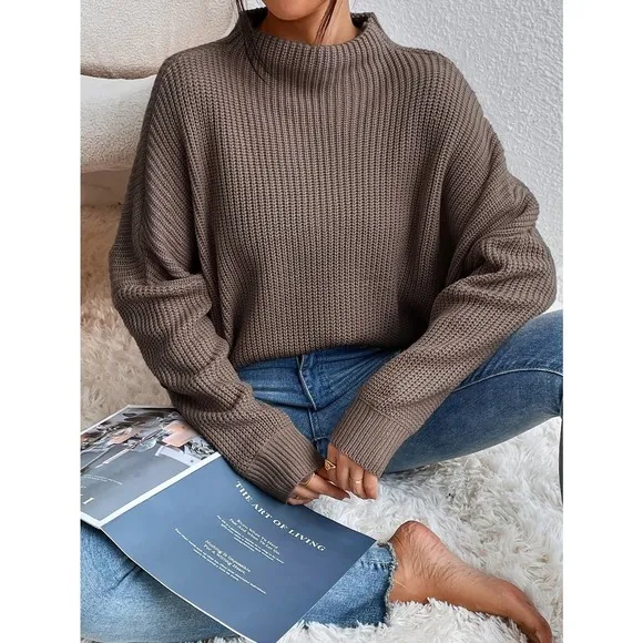minimalist oversized Mock Neck Ribbed Knit Batwing Sleeve Sweater brown