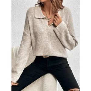 Minimalist preppy collared v neck oversized knit Sweater cream tan