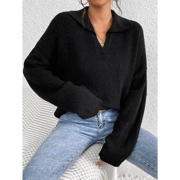 Minimalist preppy collared v neck oversized knit Sweater cream tan