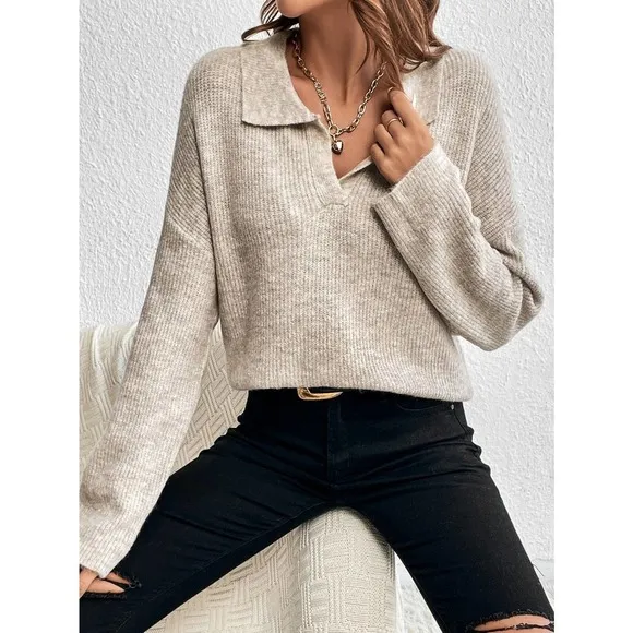 Minimalist preppy collared v neck oversized knit Sweater cream tan
