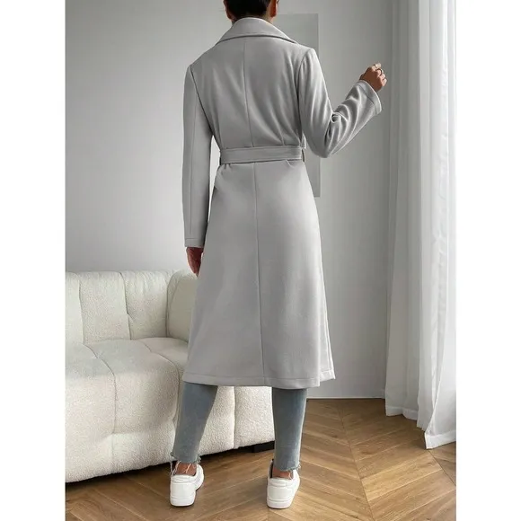 minimalist preppy Lapel Neck Belted Overcoat peacoat pea coat cream