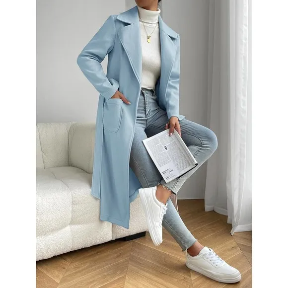 minimalist preppy Lapel Neck Belted Overcoat peacoat pea coat