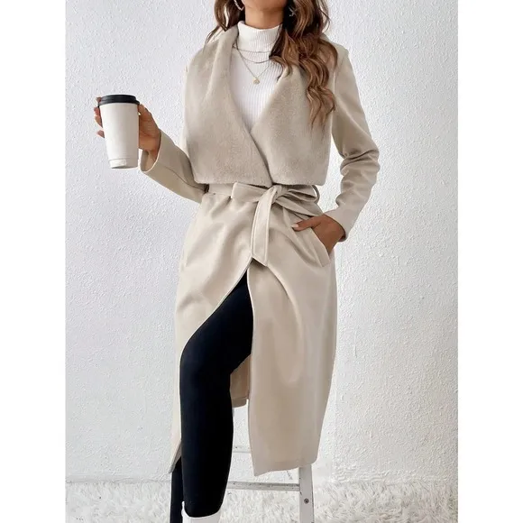 minimalist preppy Lapel Neck Belted Overcoat peacoat pea coat